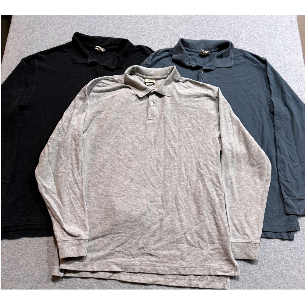 LL Bean Mens Long Sleeve Polo Shirt Lot of 3 Blue/Green Gray Black Cotton L-REG